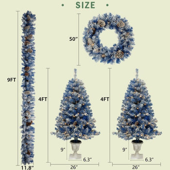 ✨ Pre-Lit Artificial Christmas Tree 4-Piece Set – Blue Frosted Tree, Garland, Wreath & Topiary  Premium Full Holiday Décor Collection