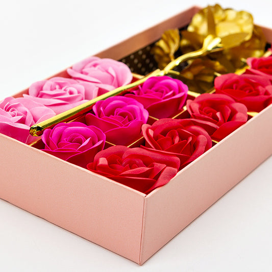 🌹 Luxury Soap Flower Rose Gift Box – 12 Roses with Gold Leaf Elegance 💝✨