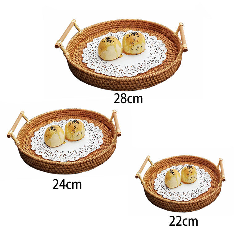 Handwoven Rattan Serving Tray with Handles โ Boho Autumn Snack & Fruit Organizer โ