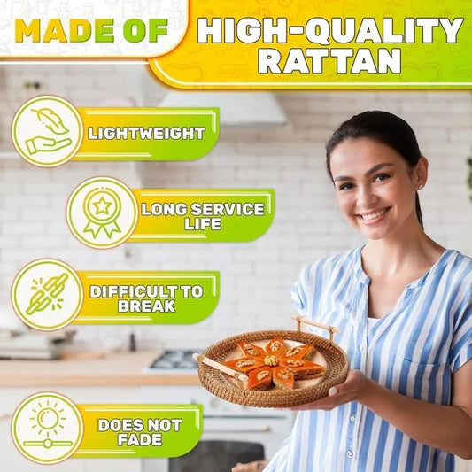 ✨ Handwoven Rattan Round Serving Tray with Handles | Elegant Natural Basket for Coffee, Snacks & Home Decor