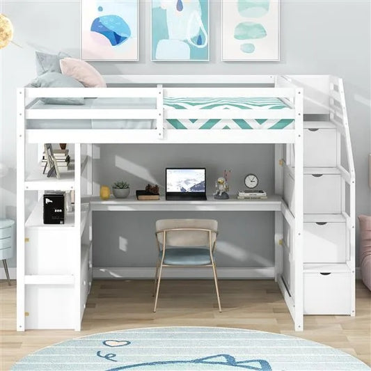 ✨ Full-Size Loft Bed with Built-in Desk, Storage Shelves & Staircase Drawers | Space-Saving Study & Sleep Station – White ️
