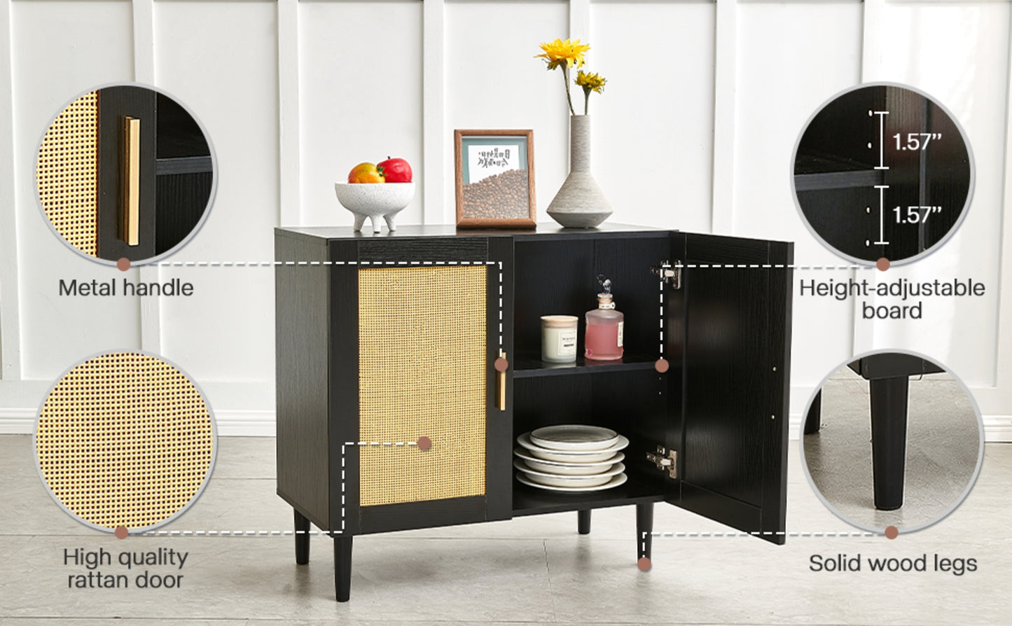 ✨ Side Panel Rattan Buffet Cabinet | Modern Storage Cabinet with Natural Rattan Doors & Adjustable Shelves