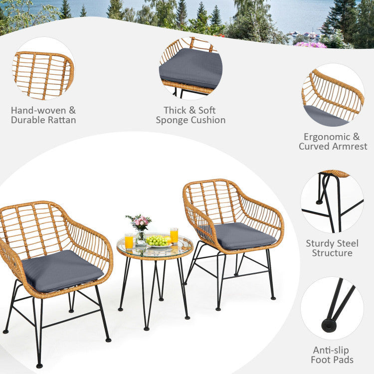 🌊 Coastal Harmony Rattan Bistro Set — 3-Piece Handwoven Patio Lounge with Bamboo-Style Frame & Dark Cushions ☕✨