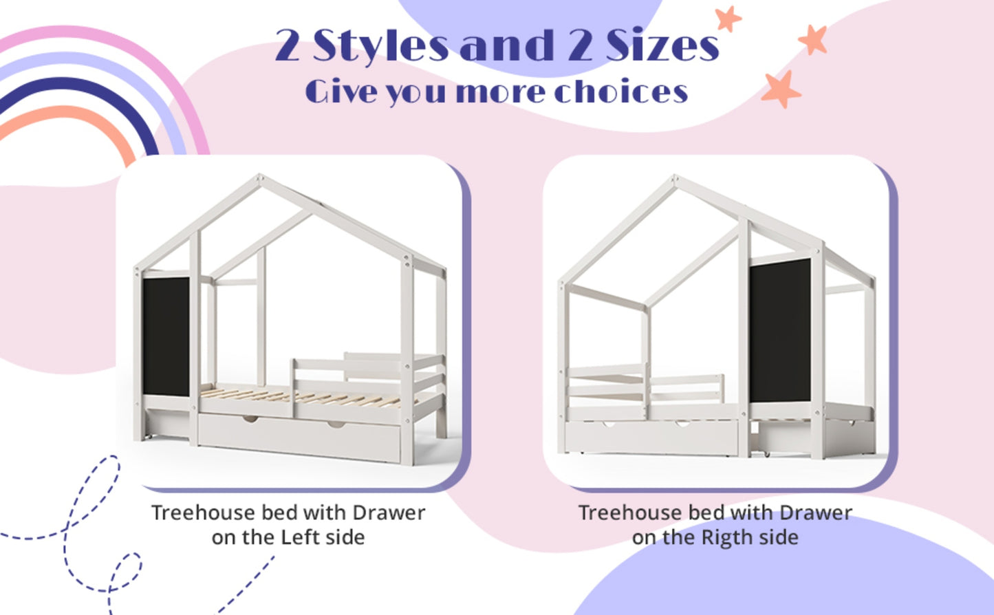 ✨ Twin House Bed with Blackboard & Drawers | Creative Montessori Kids Bed with Storage – White