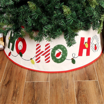 ✨ “Ho Ho Ho” Christmas Tree Skirt – White & Red Holiday Tree Base Mat with Festive Lights Design
