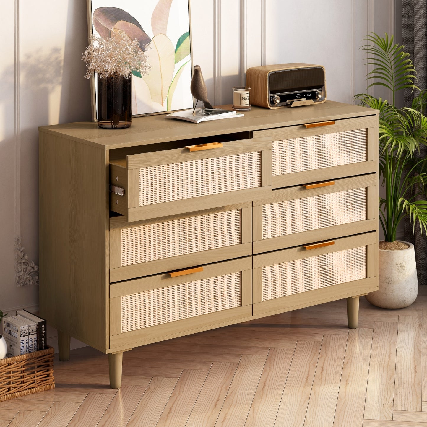 Rattan Luxe 6-Drawer Dresser — Handwoven Elegance Meets Modern Oak Sophistication 🌾✨