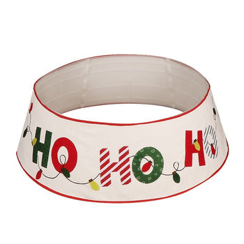 ✨ “Ho Ho Ho” Christmas Tree Skirt – White & Red Holiday Tree Base Mat with Festive Lights Design