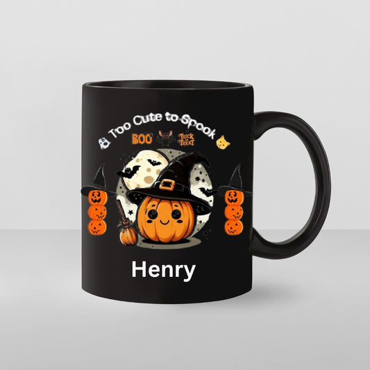 🎃👻 Too Cute to Spook – Halloween Mug for Kids | Pumpkin & Witch Hat Coffee Cup ☕✨
