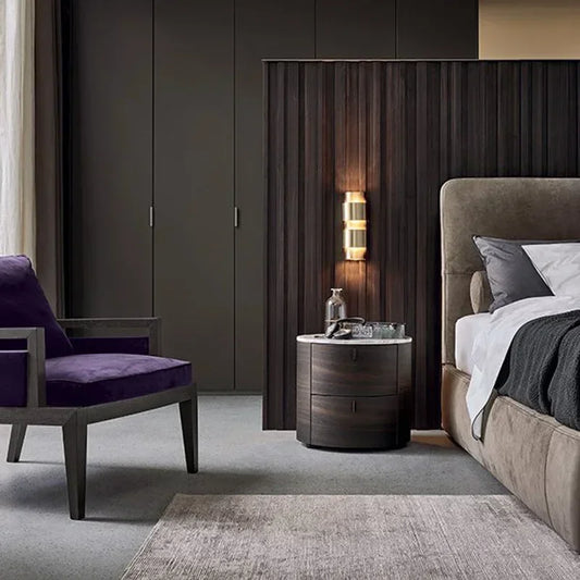 ✨ Modern Rounded 2-Drawer Nightstand – Retro Whitewash Finish | Solid Wood Storage Cabinet Tan Black colour (60×42×59 cm)