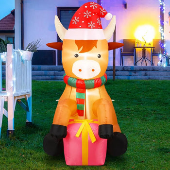 5ft Christmas Inflatable Highland Cow 🎅🐮 with Built-In LED Lights | Funny Lawn Decoration with Gift Box 🎁 for Outdoor & Indoor Holiday Display ✨