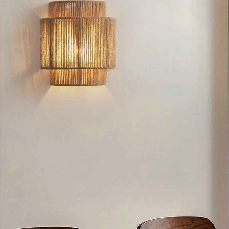 πΎ Retro Rattan Weaving Wall Lamp β Handwoven Hemp Rope Sconce with Soft LED Glow for Bedroom & Living Spaces β¨