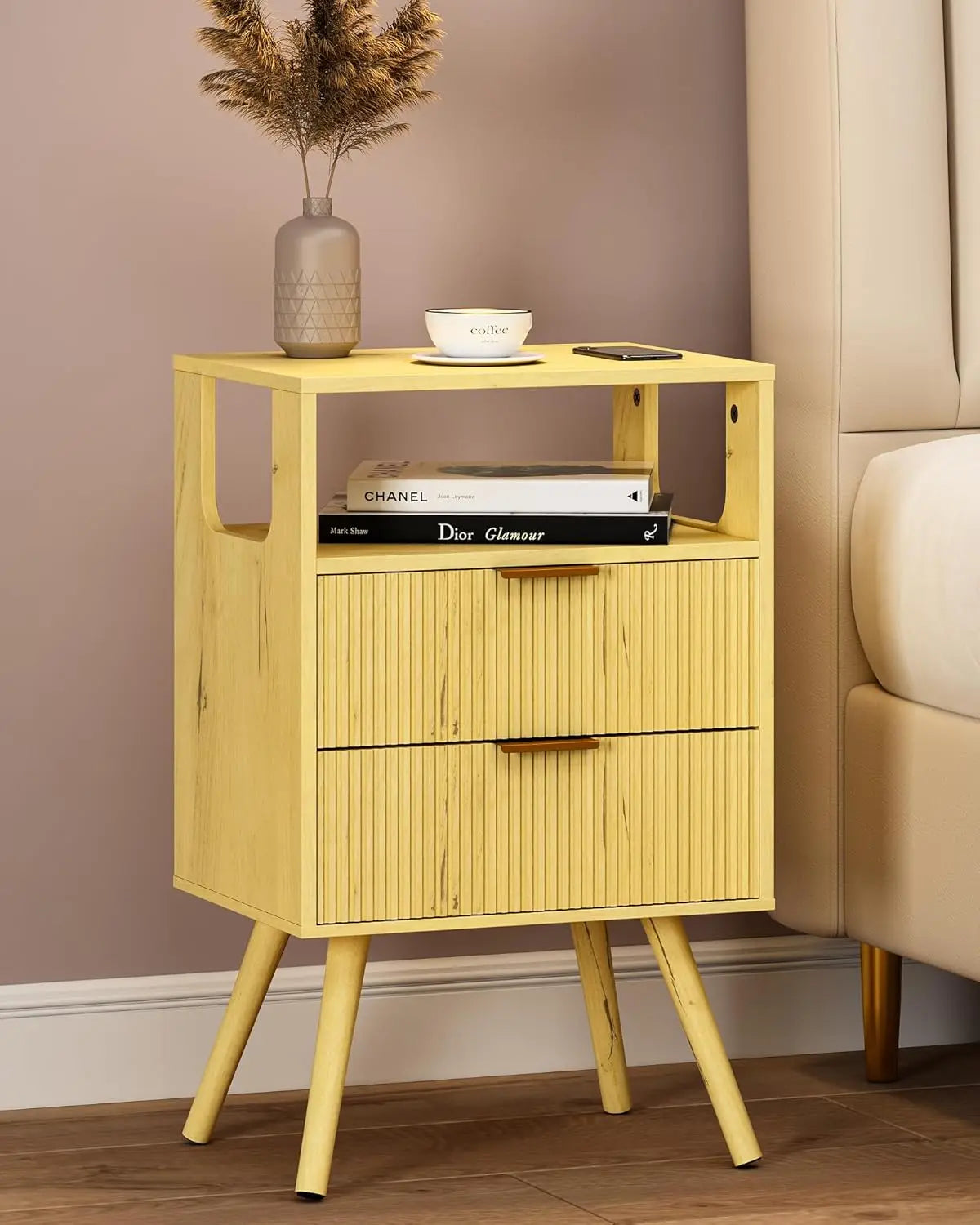Modern 2-Drawer Nightstand With Open Shelf – Minimalist Wood Side Table for Bedroom Spac