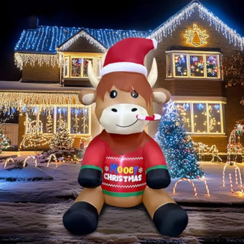 5ft Inflatable Highland Cow Christmas Decoration 🐮✨ | Built-In LED Lights, Adorable Santa Sweater, Perfect Yard & Lawn Display 🎅🎁