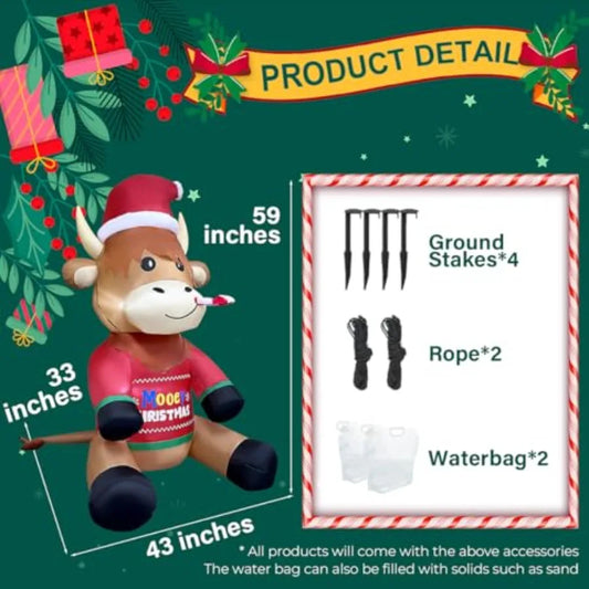 5ft Inflatable Highland Cow Christmas Decoration 🐮✨ | Built-In LED Lights, Adorable Santa Sweater, Perfect Yard & Lawn Display 🎅🎁