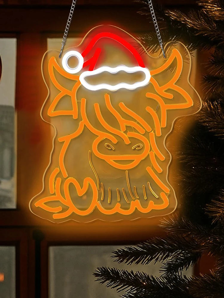 Highland Cow Neon LED Light ๐ฎโจ | Cute Christmas Wall Decor with Santa Hat ๐ Perfect for Bedroom, Living Room & Holiday Gifts ๐