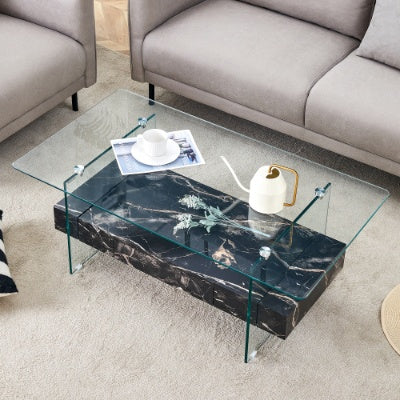 43.3 Inch Modern Glass & Black Marble Coffee Table – Two-Tier Living Room Center Table with Storage ✨