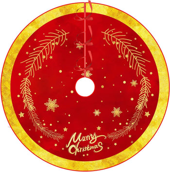 ✨ Red & Gold Christmas Tree Skirt – Elegant “Merry Christmas” Design with Reindeer Carriage  Luxury Festive Base Mat for Holiday Trees
