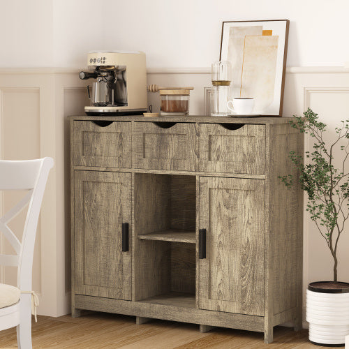 Rustic Gray Wooden Storage Cabinet with Drawers & Open Shelves โ Farmhouse Accent Cabinet for Living Room & Entryway