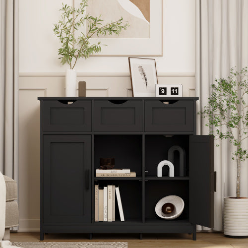 Matte Black Wooden Storage Cabinet with Drawers & Shelves – Modern Accent Sideboard for Living Room & Entryway