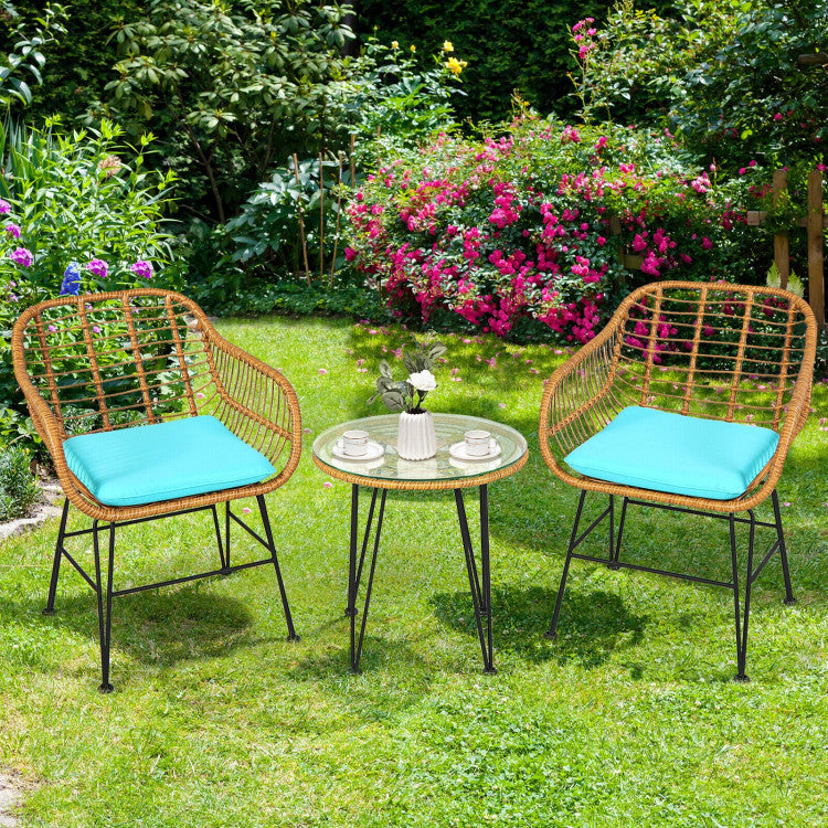 π Coastal Breeze Rattan Patio Set β 3-Piece Outdoor Bistro with Aqua Cushions & Glass-Top Table ββ¨