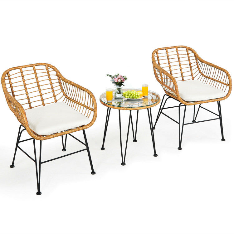 ☀️ Golden Hour Rattan Bistro Set — 3-Piece Handwoven Outdoor Lounge with Cream Cushions & Glass-Top Table ☕🌿