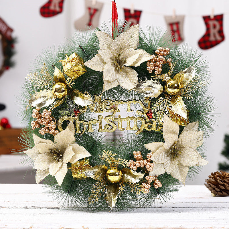 Elegant “Merry Christmas” Door Wreath – Festive Golden Bow & Pine Ornament Decoration ✨