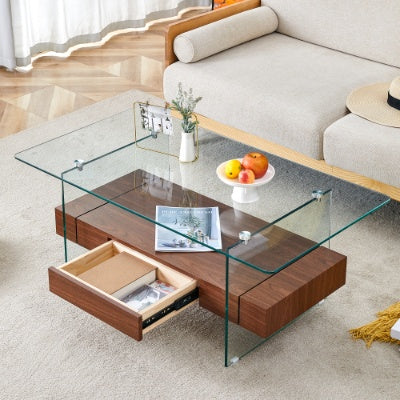 43.3 Inch Modern Glass & Black Marble Coffee Table – Two-Tier Living Room Center Table with Storage ✨
