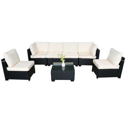 🖤 Urban Luxe 7-Piece Rattan Sofa Set — Modular Outdoor & Indoor Lounge with Premium Black Weave & Ivory Cushions ☕✨