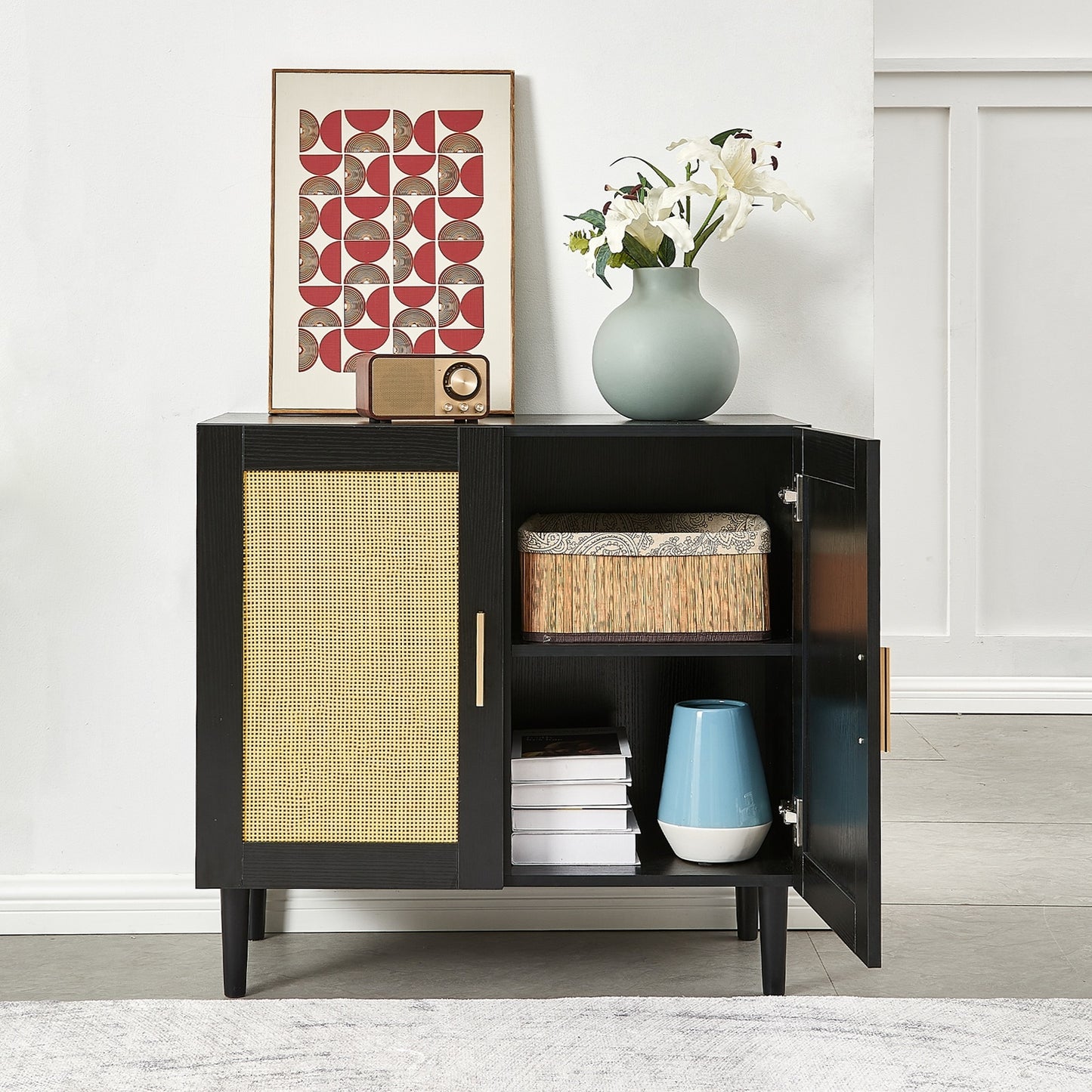 ✨ Side Panel Rattan Buffet Cabinet | Modern Storage Cabinet with Natural Rattan Doors & Adjustable Shelves