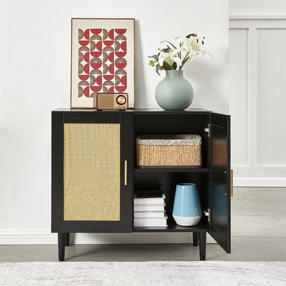 ✨ Side Panel Rattan Buffet Cabinet | Modern Storage Cabinet with Natural Rattan Doors & Adjustable Shelves