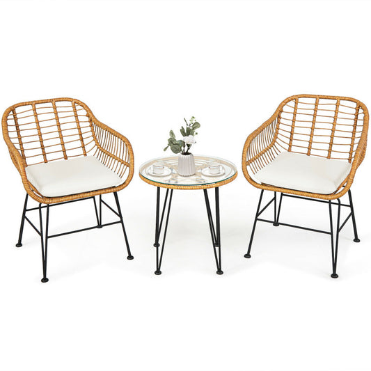 ☀️ Golden Hour Rattan Bistro Set — 3-Piece Handwoven Outdoor Lounge with Cream Cushions & Glass-Top Table ☕🌿