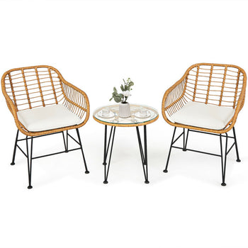 ☀️ Golden Hour Rattan Bistro Set — 3-Piece Handwoven Outdoor Lounge with Cream Cushions & Glass-Top Table ☕🌿