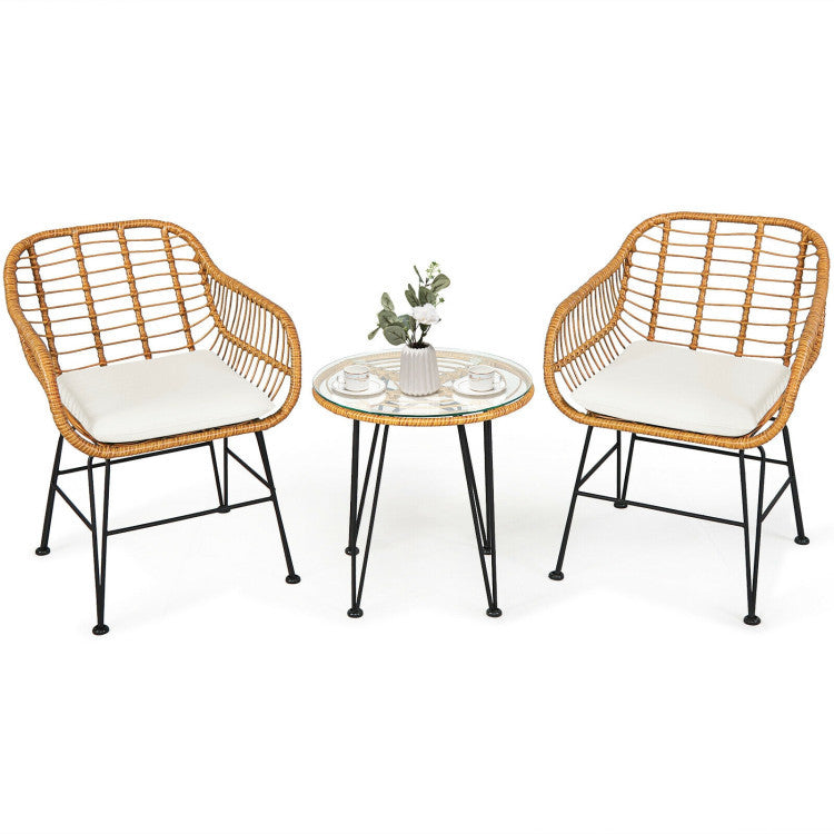☀️ Golden Hour Rattan Bistro Set — 3-Piece Handwoven Outdoor Lounge with Cream Cushions & Glass-Top Table ☕🌿