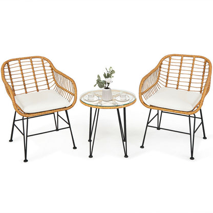 ☀️ Golden Hour Rattan Bistro Set — 3-Piece Handwoven Outdoor Lounge with Cream Cushions & Glass-Top Table ☕🌿