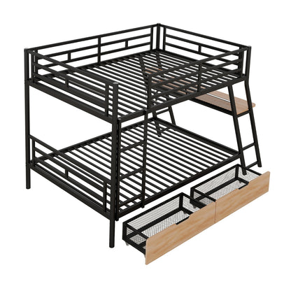✨ Full-Size Metal Bunk Bed with Built-in Desk, LED Light & 2 Storage Drawers | Modern Multifunctional Loft Bed – Black ⚡️