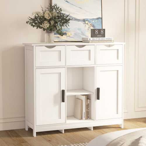Modern White Wooden Storage Cabinet | Accent Organizer with Drawers & Open Shelves – Elegant Home Storage Solution ✨