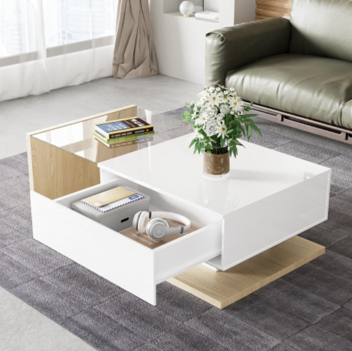 High Gloss LED Coffee Table – Modern White & Natural Wood Center Table with Hidden Storage ✨