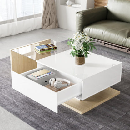 High Gloss LED Coffee Table – Modern White & Natural Wood Center Table with Hidden Storage ✨