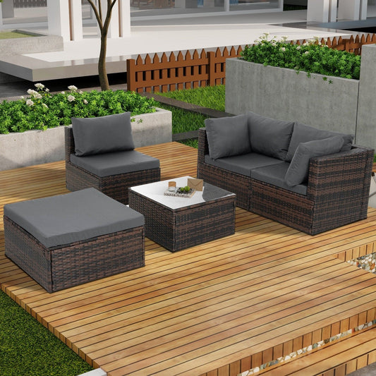 🖤 Noir Haven Rattan Lounge Set — 5-Piece Handwoven Outdoor Sofa with Cushions & Glass-Top Table ☀️✨