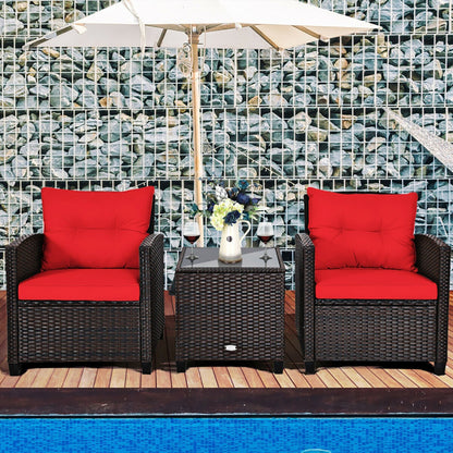 ☀️ Sunset Luxe Rattan Patio Set — 3-Piece Handwoven Outdoor Lounge with Red Cushions & Glass-Top Table ❤️✨