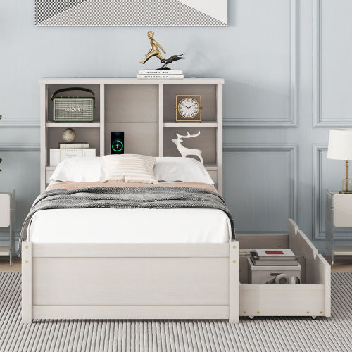 ✨ Modern Twin Bed with USB Port & Storage Drawers | Smart Bed Frame with Bookcase Headboard – Grey ️⚡