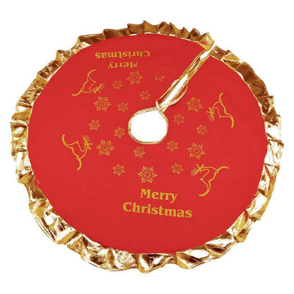 ✨ Red & Gold Christmas Tree Skirt – Elegant “Merry Christmas” Design with Reindeer Carriage  Luxury Festive Base Mat for Holiday Trees