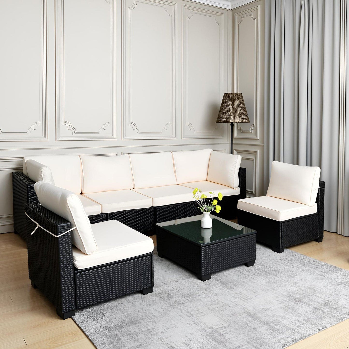 🖤 Urban Luxe 7-Piece Rattan Sofa Set — Modular Outdoor & Indoor Lounge with Premium Black Weave & Ivory Cushions ☕✨