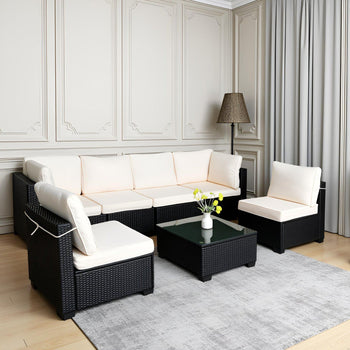 🖤 Urban Luxe 7-Piece Rattan Sofa Set — Modular Outdoor & Indoor Lounge with Premium Black Weave & Ivory Cushions ☕✨