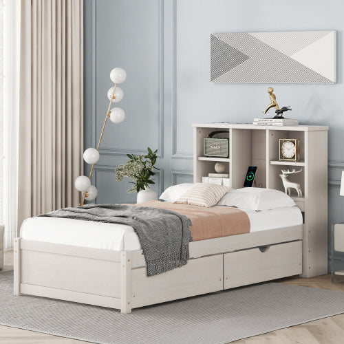 ✨ Modern Twin Bed with USB Port & Storage Drawers | Smart Bed Frame with Bookcase Headboard – Grey ️⚡