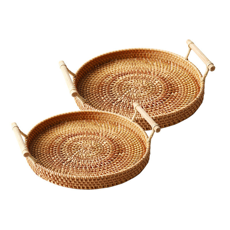 Handwoven Rattan Serving Tray with Handles – Boho Autumn Snack & Fruit Organizer ☕