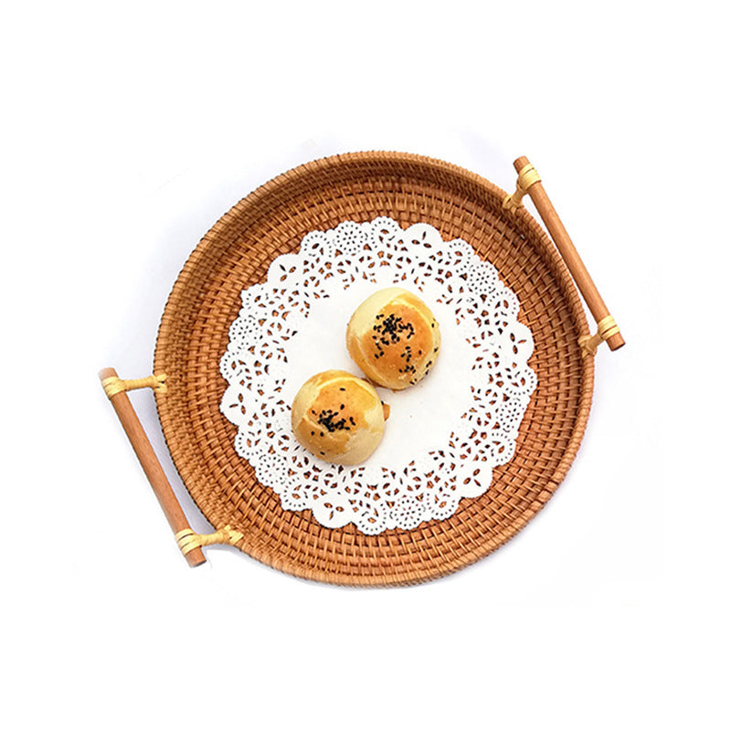 Handwoven Rattan Serving Tray with Handles – Boho Autumn Snack & Fruit Organizer ☕