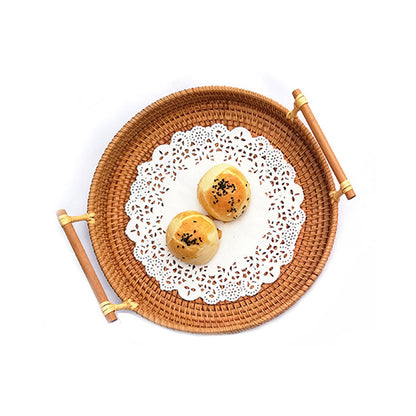 Handwoven Rattan Serving Tray with Handles – Boho Autumn Snack & Fruit Organizer ☕