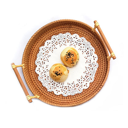 Handwoven Rattan Serving Tray with Handles – Boho Autumn Snack & Fruit Organizer ☕