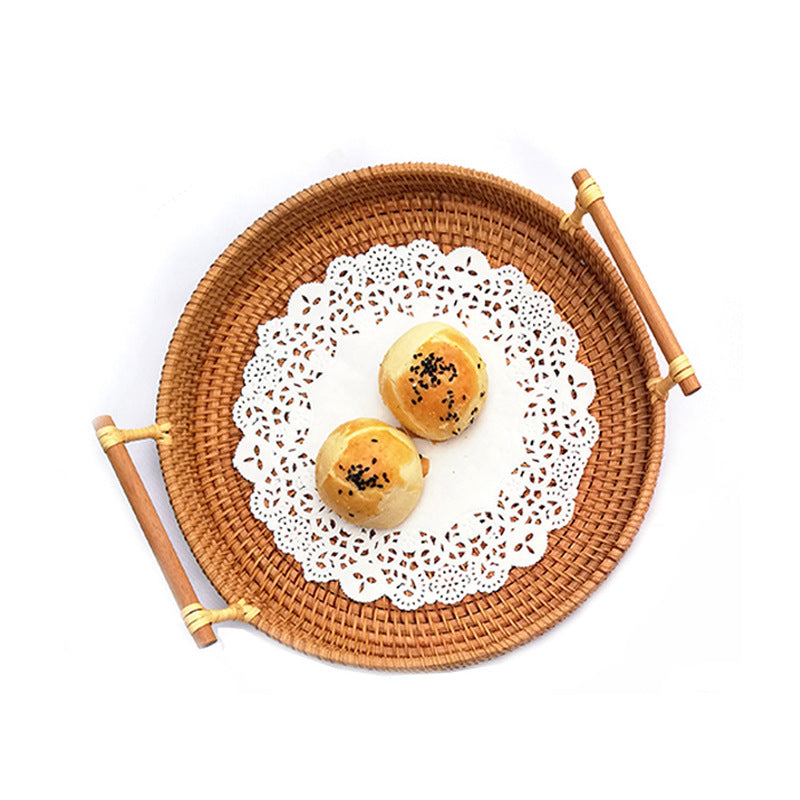 Handwoven Rattan Serving Tray with Handles – Boho Autumn Snack & Fruit Organizer ☕